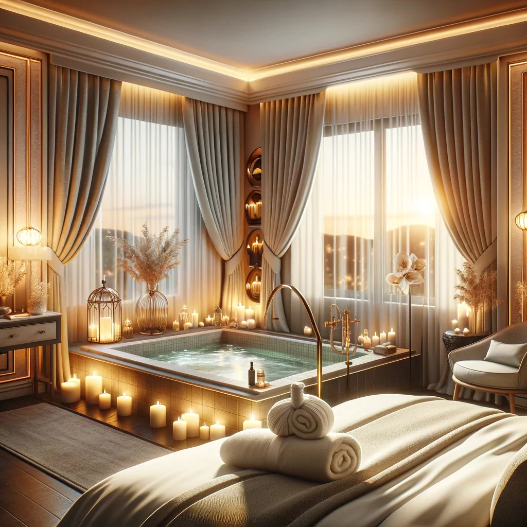 Vue d'une chambre avec spa privatif dans la ville de Vannes avec robinet doré.