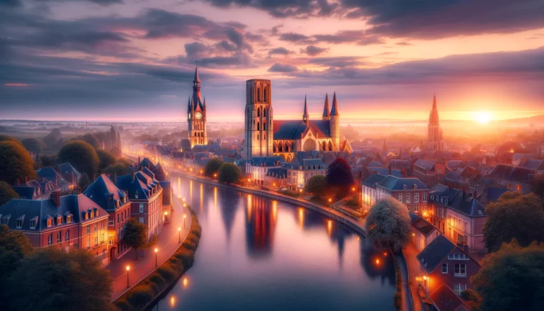 Cette image capture la beauté envoûtante de Douai au crépuscule, mettant en avant le Beffroi emblématique, la sérénité de la rivière Scarpe, et l'architecture gothique de la Collégiale Saint-Pierre, tous baignés dans la lumière douce et chaude du soleil couchant.