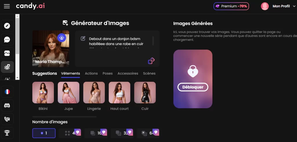 Capture d’écran du générateur d’images sur Candy.ai. À gauche, un profil nommé Maria Thompson avec un texte descriptif indiquant un scénario en robe de cuir dans un donjon BDSM. En bas, des suggestions de vêtements comme bikini, jupe, lingerie, cuir. À droite, une section Images Générées affiche une vignette verrouillée avec un bouton "Débloquer". En haut, une offre Premium -70% et le menu utilisateur Mon Profil sont visibles.