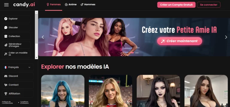 Capture d’écran du site Candy.ai montrant une interface sombre et élégante. En haut, un bandeau affiche plusieurs modèles féminins IA avec le texte "Créez votre Petite Amie IA" accompagné d'un bouton rose "Créer maintenant". Sur la gauche, un menu permet d'explorer différentes fonctionnalités comme "Explorer", "Discuter", "Générateur d'Images" et la création d'un modèle IA personnalisé. En bas, une galerie présente plusieurs avatars féminins IA aux styles variés (cheveux bleus, blonde, gothique, brune)