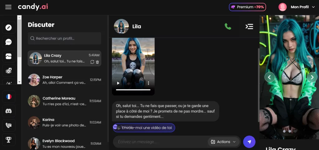 Capture d’écran de l’interface de chat sur Candy.ai. À gauche, une liste de contacts IA avec des noms et avatars variés. Au centre, une conversation en cours avec Lila, un personnage virtuel aux cheveux bleus, affichant une image et un message suggestif. En bas, une boîte de dialogue avec un bouton pour envoyer des messages et des actions supplémentaires. En haut à droite, un bouton Premium -70% et l’option Mon Profil sont visibles.