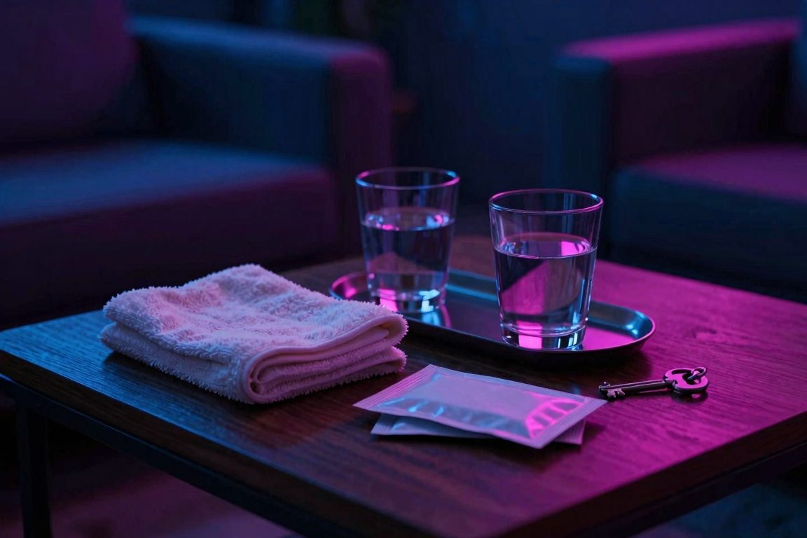 Pause calme après une soirée en club libertin, avec clés, serviette et protections posées sur une table