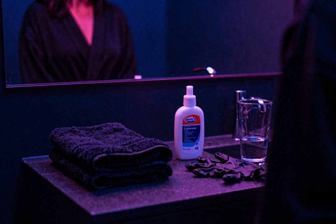 Préparation hygiénique avec serviette, gants et lubrifiant sur une vasque sombre