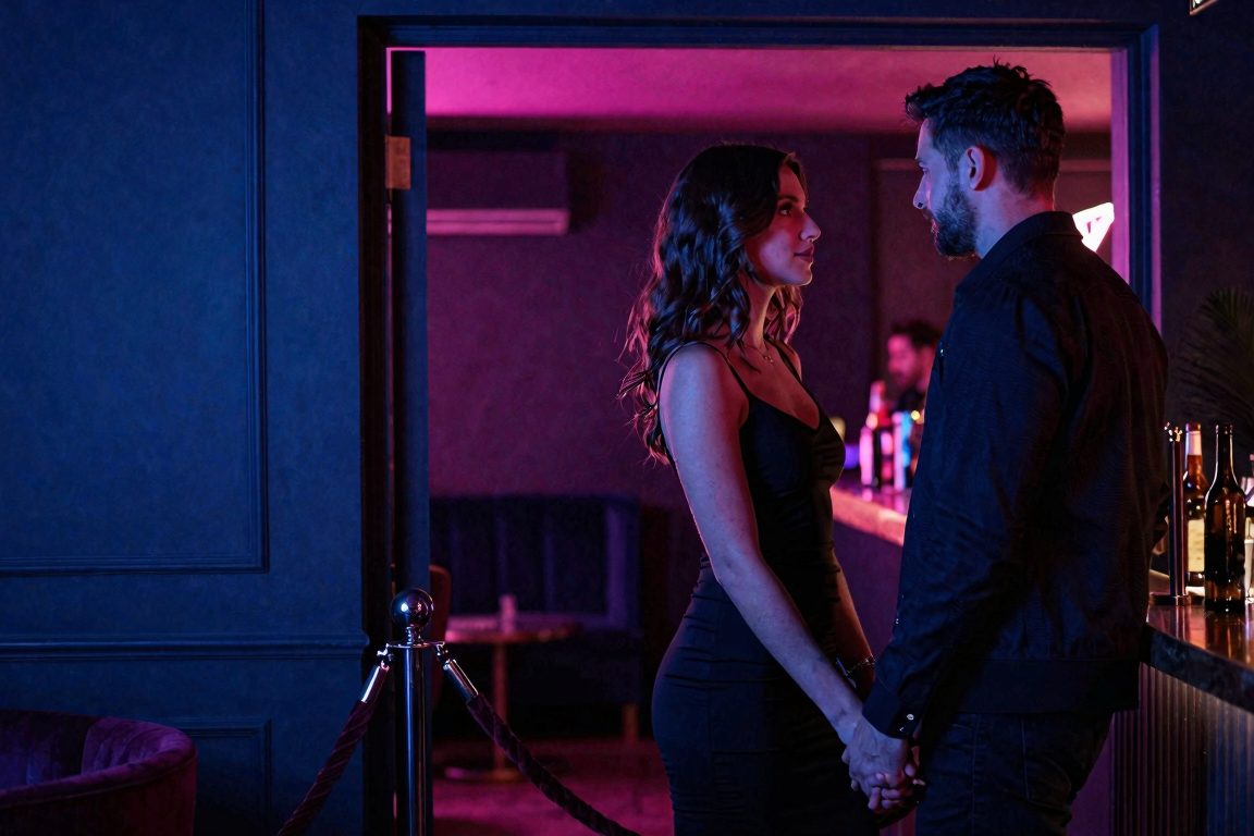 Couple européen dans un club libertin, séparé d’un espace intime par une porte entrouverte