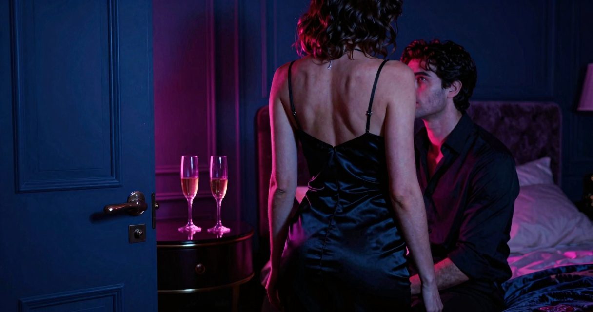 Exhibitionnisme couple dans une chambre privée éclairée par un néon magenta