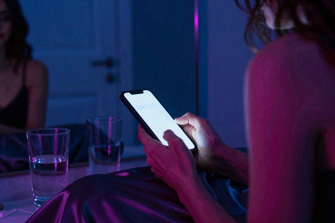 Main adulte tenant un téléphone lumineux près d’un miroir et d’une porte entrouverte