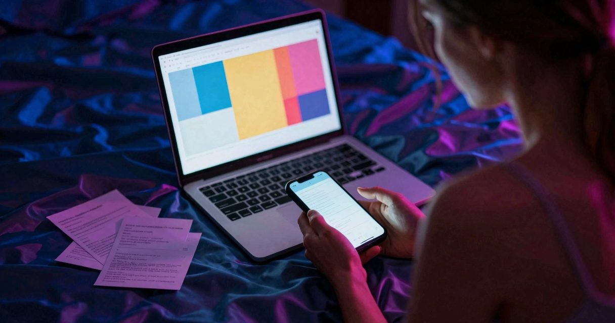 IA hentai : écran lumineux, draps froissés et silhouette adulte dans une chambre nocturne