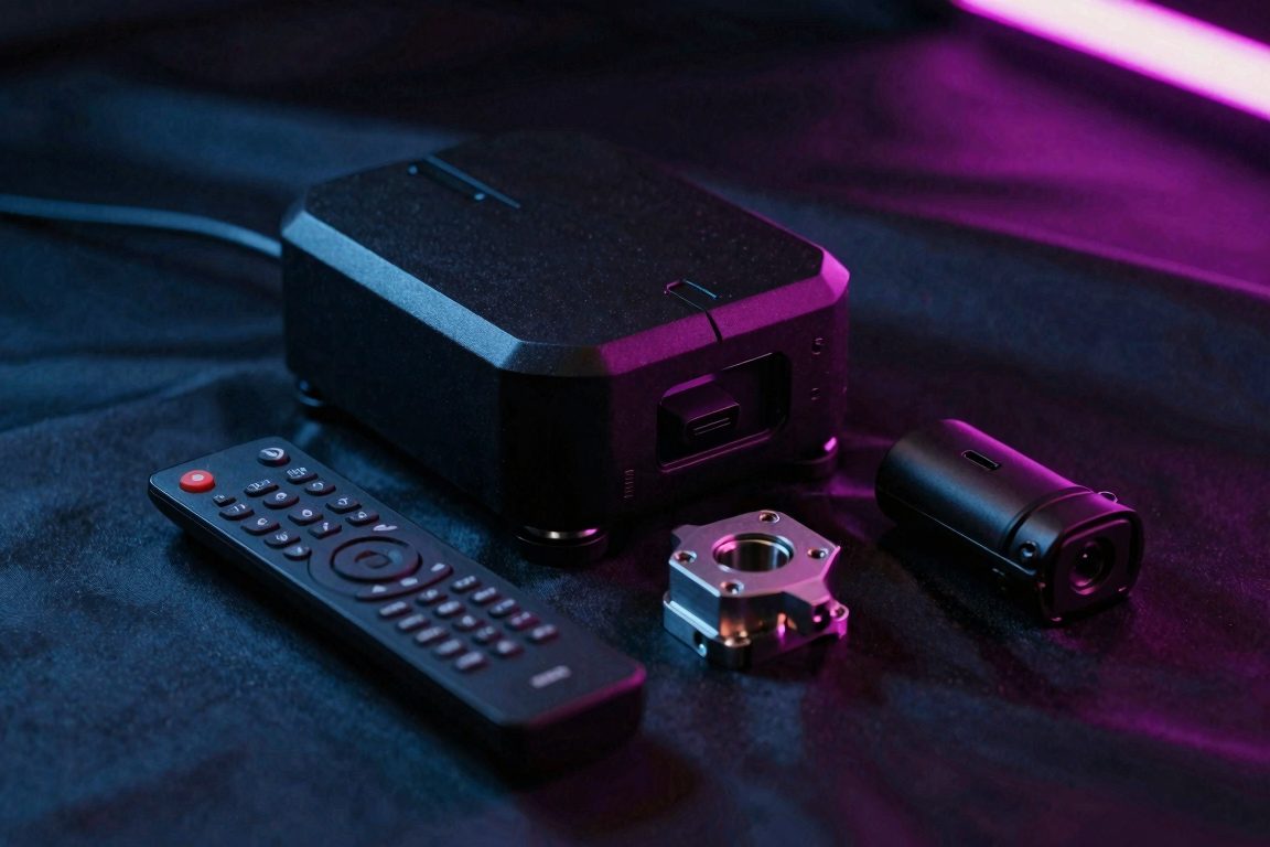 Machine motorisée stable et télécommande posées sur du satin dans une chambre aux lumières néon