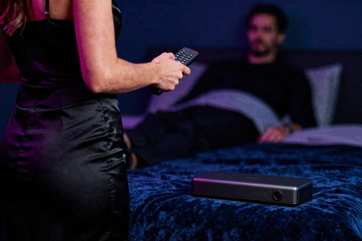 Couple européen jouant avec une télécommande près d'une machine et d'un lit en velours