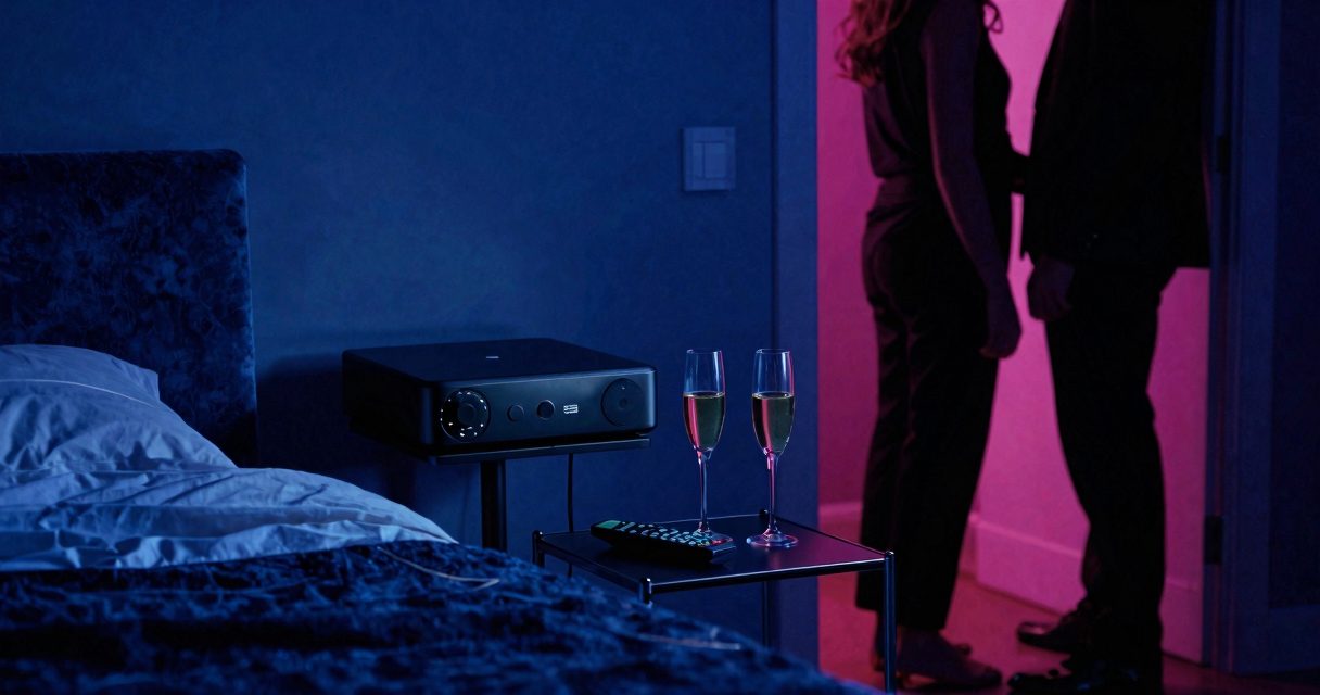 Love room fuck machine dans une chambre sombre, avec télécommande et silhouettes en lingerie
