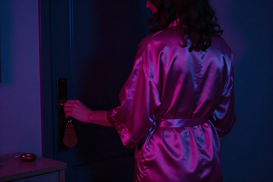 Entrée discrète d’un appartement coquin avec silhouette en robe satinée