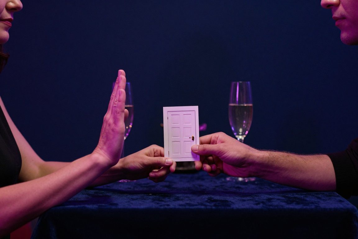 Mains d'un couple européen échangeant une carte et un signal de pause dans une chambre tamisée