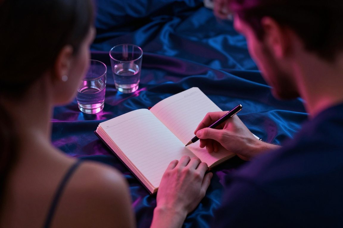 Un couple relit son contrat BDSM après une scène, dans une chambre tamisée