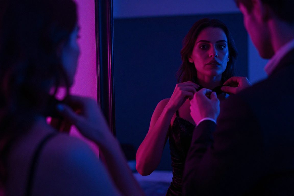 Couple européen ajustant ses costumes d’Halloween devant un miroir, entre velours noir et lumière magenta