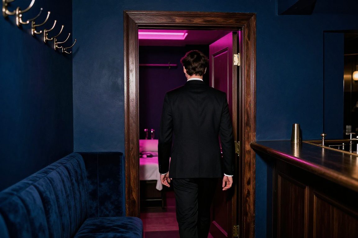 Arrivée d’un homme seul dans un club libertin, entre vestiaire, bar et salons tamisés
