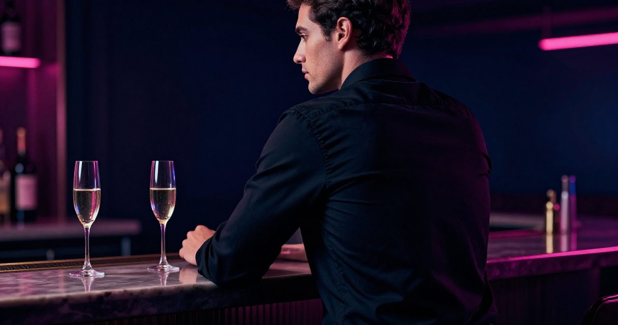 Homme seul club libertin au bar, dans une ambiance nocturne aux lumières bleues et magenta