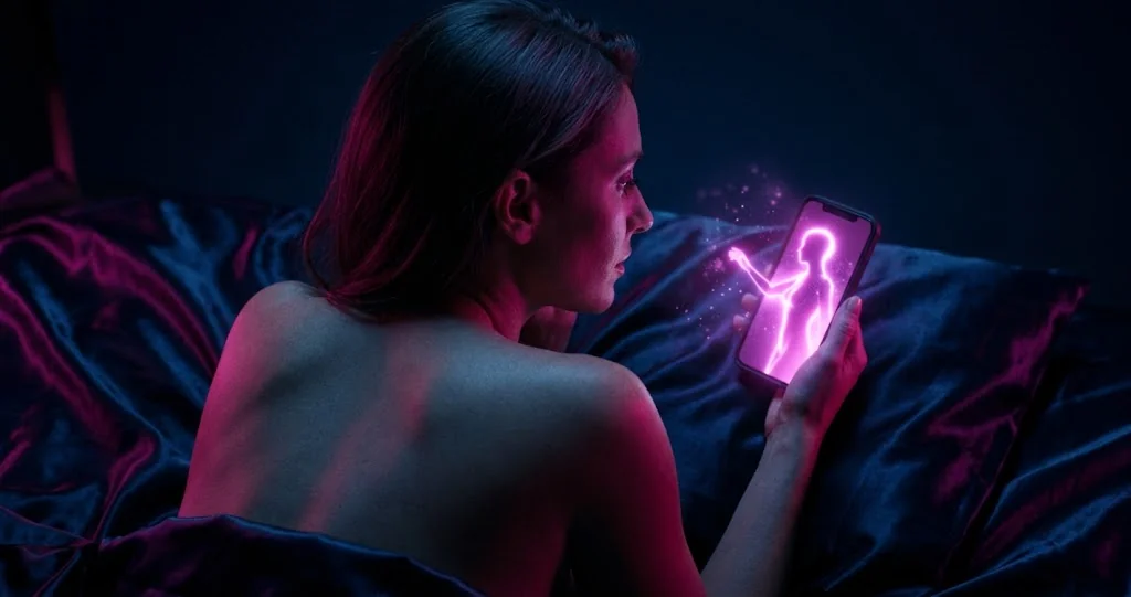 Femme dans le noir face à une compagne IA sur son téléphone