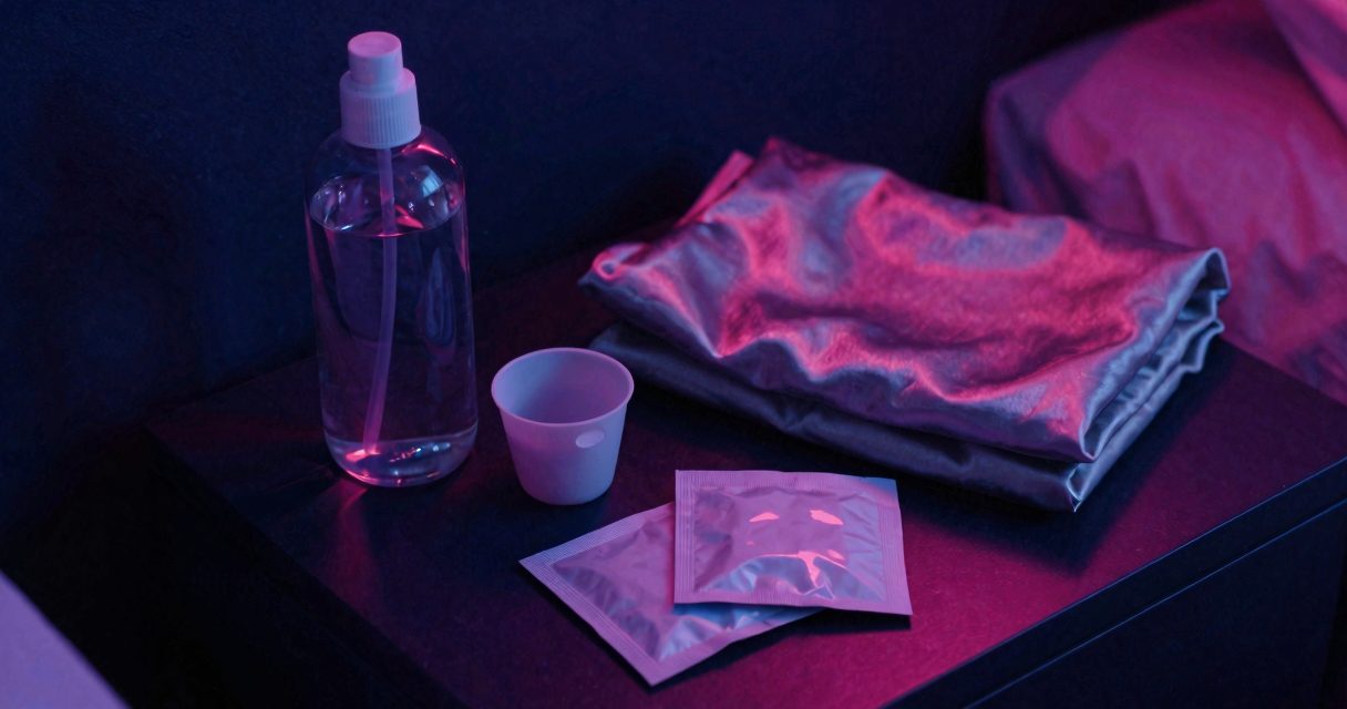 Lubrifiant maison et accessoires intimes sur une table de nuit éclairée au néon