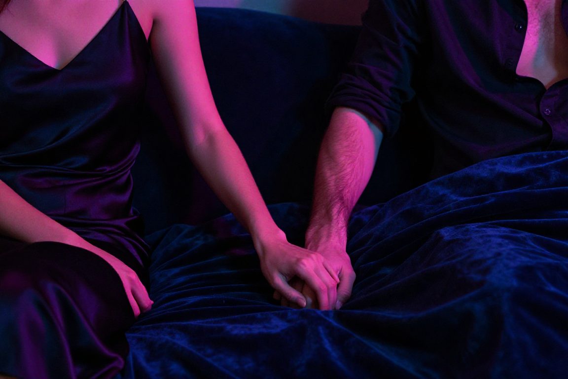 Couple européen rapproché sur un lit en satin pour illustrer les variantes du missionnaire