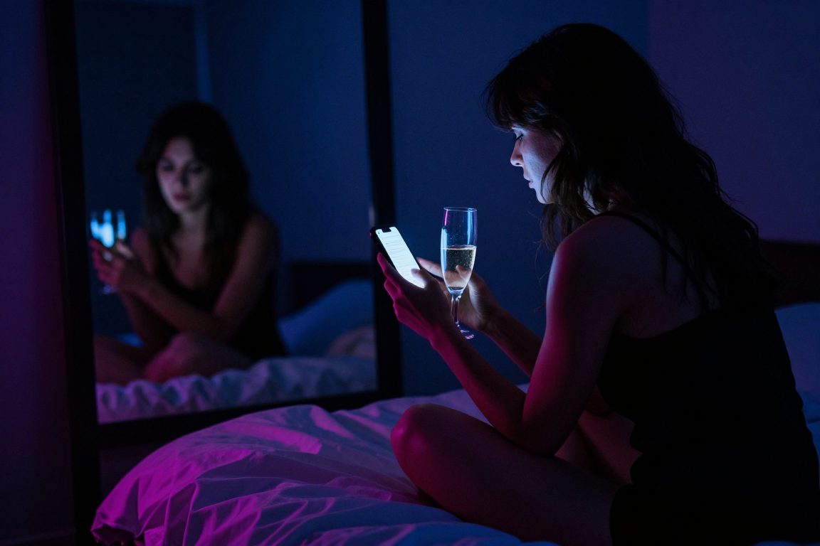 Femme européenne seule avec son téléphone et deux verres, face aux émotions suscitées par une petite amie IA
