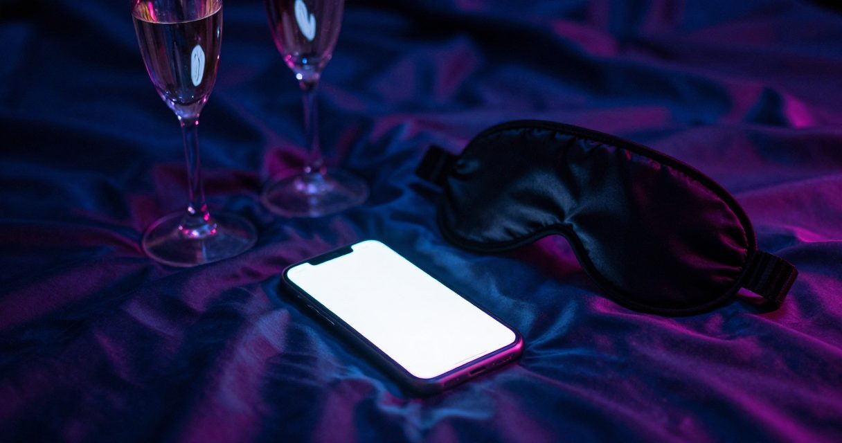 Petite amie IA sur un téléphone, entre satin froissé, champagne et accessoires de séduction nocturne