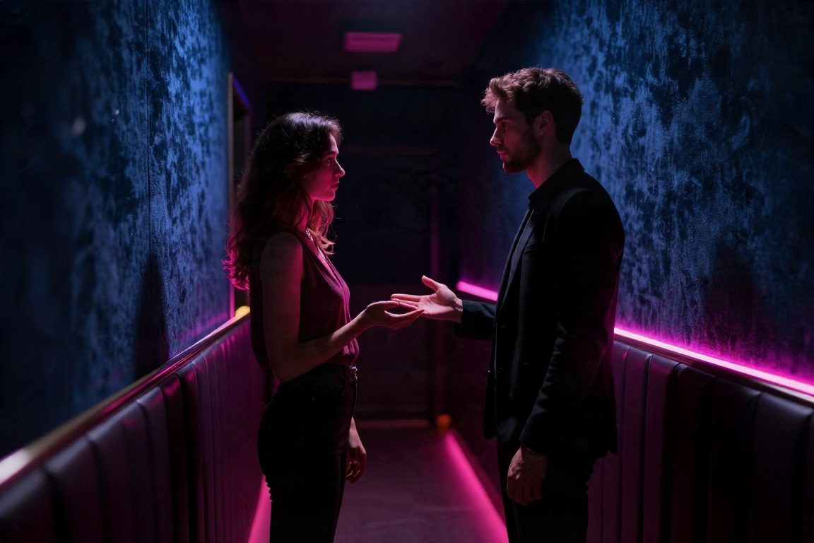 Couple européen dans un club libertin, échange respectueux et distance préservée