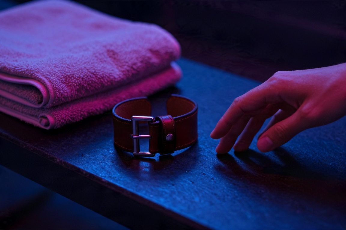 Bracelet de cuir et serviette dans un espace intime, symbole de limites choisies