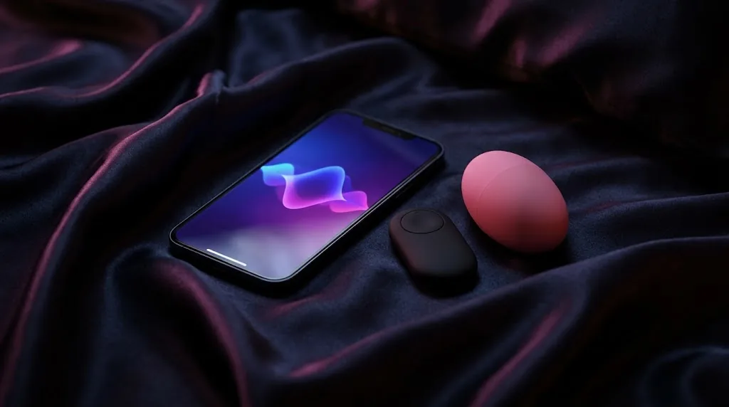 Smartphone avec une application de vibrations, télécommande noire et œuf vibrant rose sur un drap de satin