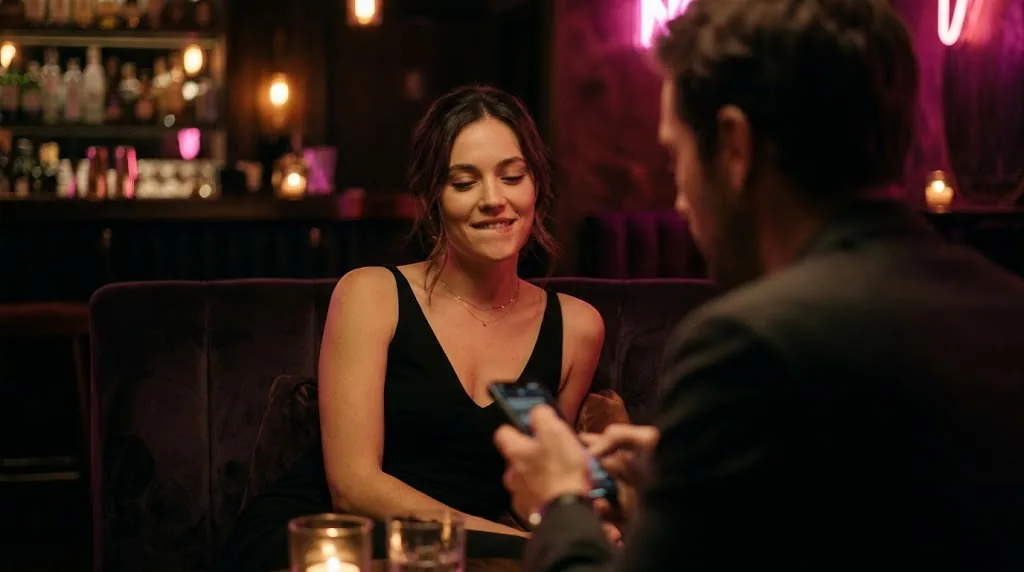 Femme souriante sur une banquette de bar pendant que son partenaire tient son téléphone