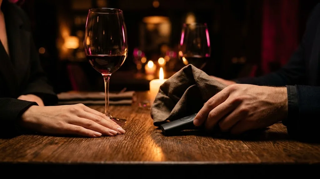 Main posée près d’\un verre de vin pendant que le partenaire cache une télécommande sous sa serviette
